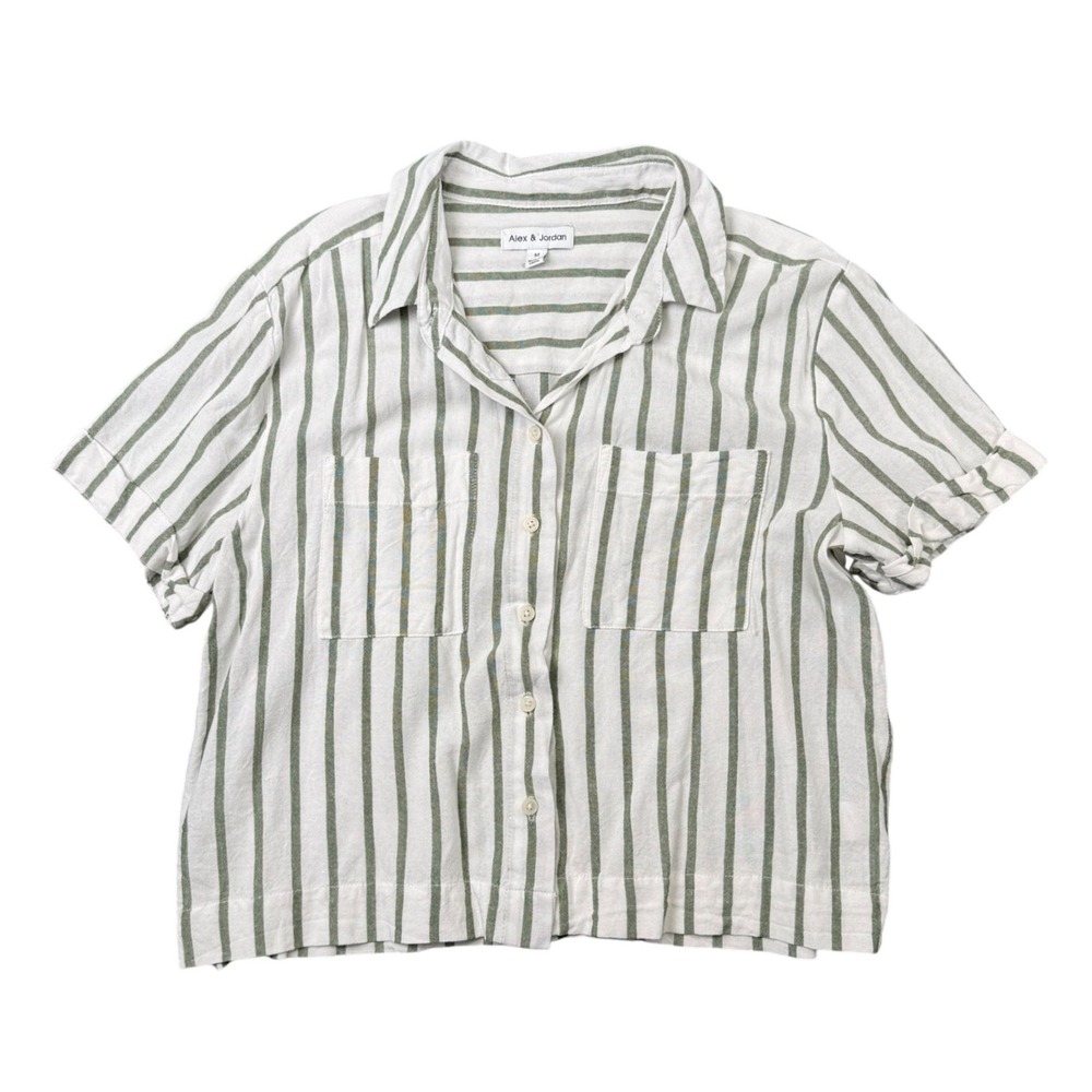 Alex & Jordan Button Front Shirt Womens Relaxed Green White Linen Blend Medium